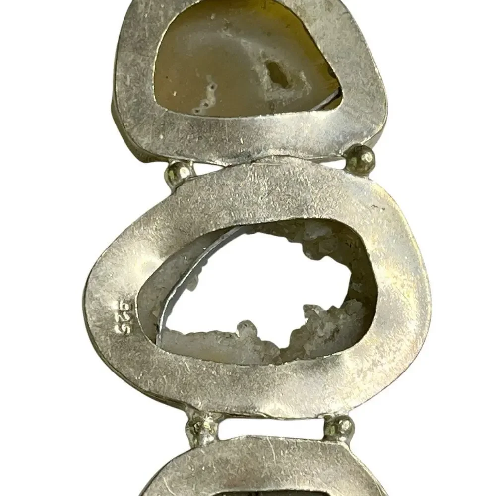 Natural Geode Agate Trio Pendant Sterling Silver 925 Earth Tone Green Gray Brown